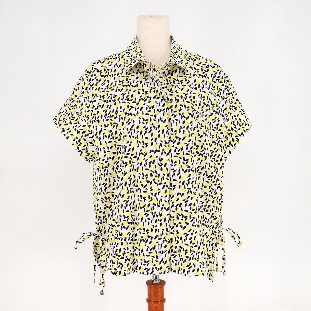 ESCADA Lemon Print High Low Cotton Short Sleeve Button Down Shirt Size 42/L